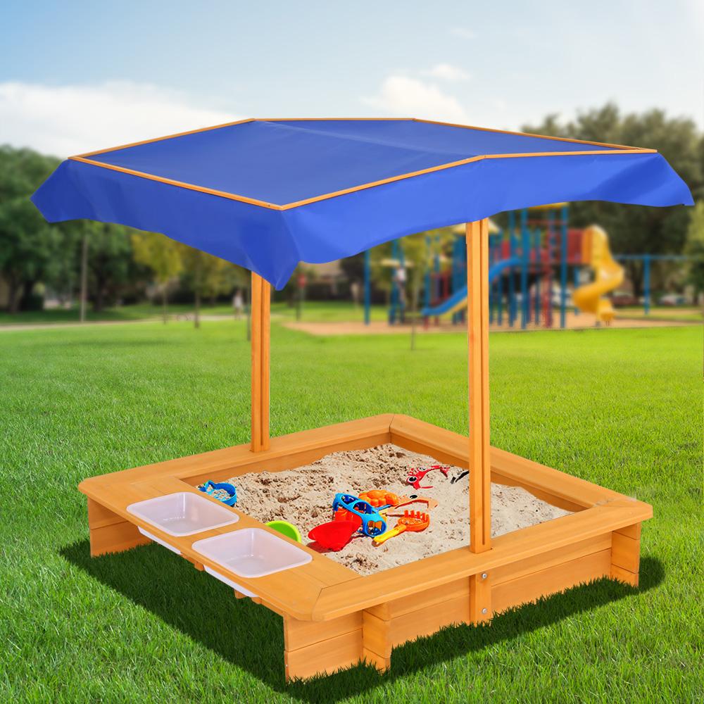 Keezi Outdoor Canopy Sand Pit with adjustable canopy, dual water basins, and treated fir wood construction, perfect for kids' outdoor play.